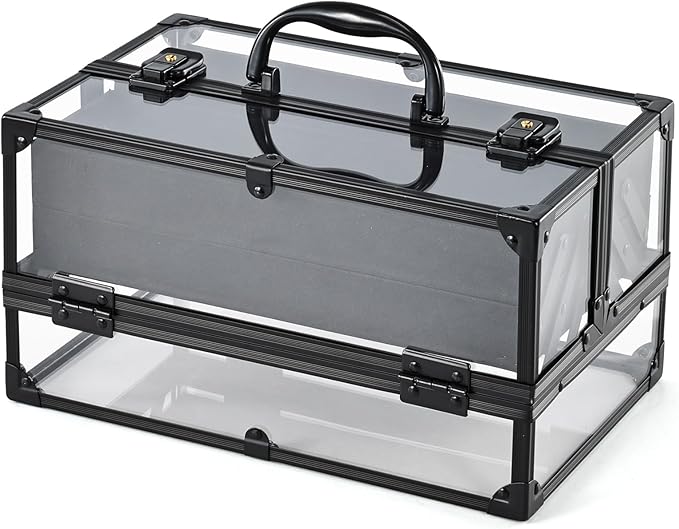 FRENESSA Portable Makeup Case Cosmetics Display Toiletry Organizer Box Transparent Acrylic Artists Train Case with 4 Trays Travel Makeup Tools Storage for Vanity Counter Dresser Organizer Black