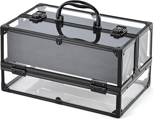 FRENESSA Portable Makeup Case Cosmetics Display Toiletry Organizer Box Transparent Acrylic Artists Train Case with 4 Trays Travel Makeup Tools Storage for Vanity Counter Dresser Organizer Black