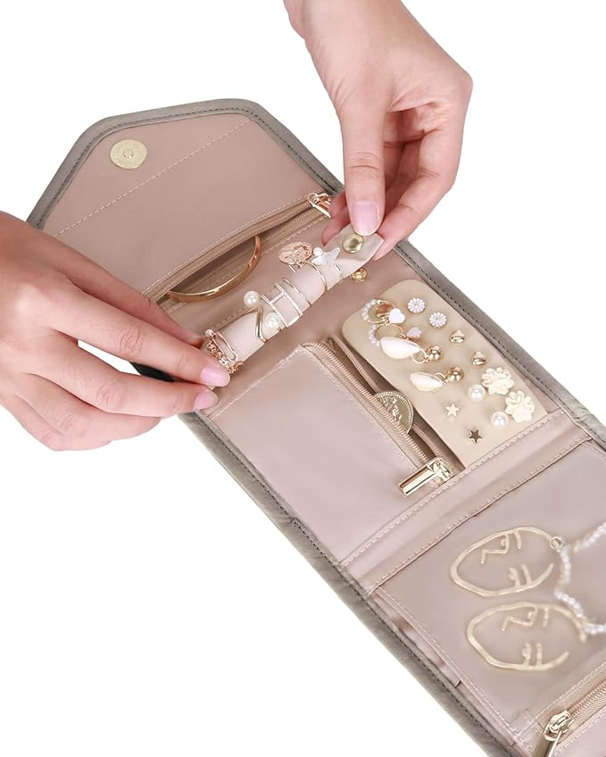 BAGSMART Travel Jewelry Organizer Case Foldable Jewelry Roll for Journey Rings, Necklaces, Earrings, Bracelets,Mini,Warm Gray