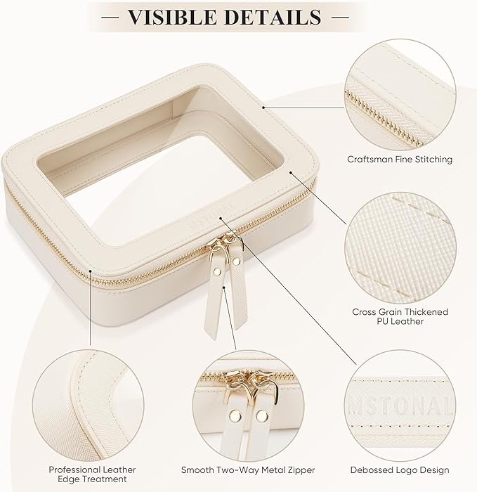 Clear Makeup Bag, Travel Toiletry Bag Cosmetic Case for Women, Waterproof Portable Make Up Skincare Pouch with Zipper, Compact Car Organizer Bag for Essentials, Mini & Medium, Beige