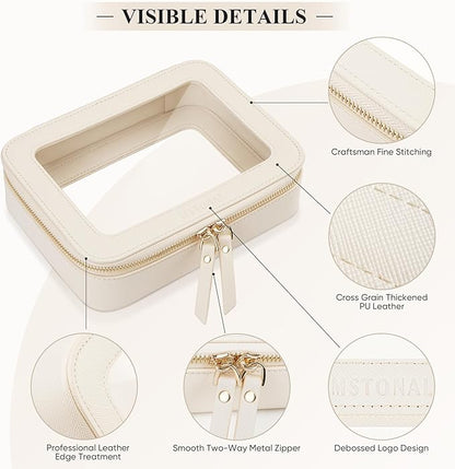Clear Makeup Bag, Travel Toiletry Bag Cosmetic Case for Women, Waterproof Portable Make Up Skincare Pouch with Zipper, Compact Car Organizer Bag for Essentials, Medium Size, Beige