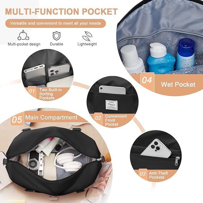 Large Gym Bag for Women Carry on Duffel 18 x 14 x 8 inches Spirit Airlines Travel Essentials Bag Weekender Space Saver Clothes Vacuum Storage Bags with hand pump,Duffle Hospital Luggage backpack Black