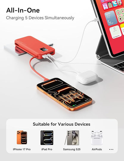 Portable Charger, 12000mAh 22.5W Fast Charging Power Bank with Built-in Cables & Wall Plug, Travel Essentials Battery Pack with LED Display, USB C External Battery Bank for iPhone iPad, Samsung Red