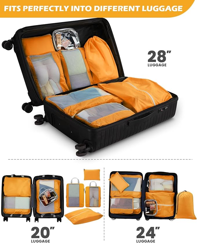 Gonex 8 Set Expandable Mesh Packing Cubes for Travel - Compression Packing Organizers with Toiletry, Laundry, Shoe & Cable Bags - Orange