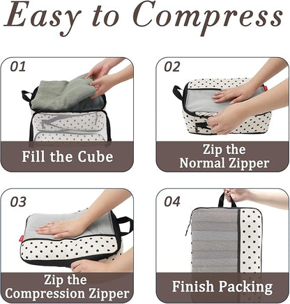 U+U 8 Set Compression Packing Cubes - Ultralight Travel Organizers with Laundry Bag and Cosmetic Bag, Space-Saving Suitcase Organizer for Travel, Business Trip and Family Vacation (Polka Dot)