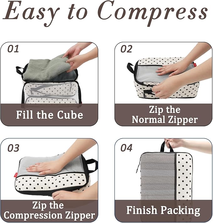 U+U 10 Set Compression Packing Cubes - Ultralight Travel Organizers with Laundry Bag and Cosmetic Bag, Space-Saving Suitcase Organizer for Travel, Business Trip and Family Vacation (Polka Dot)