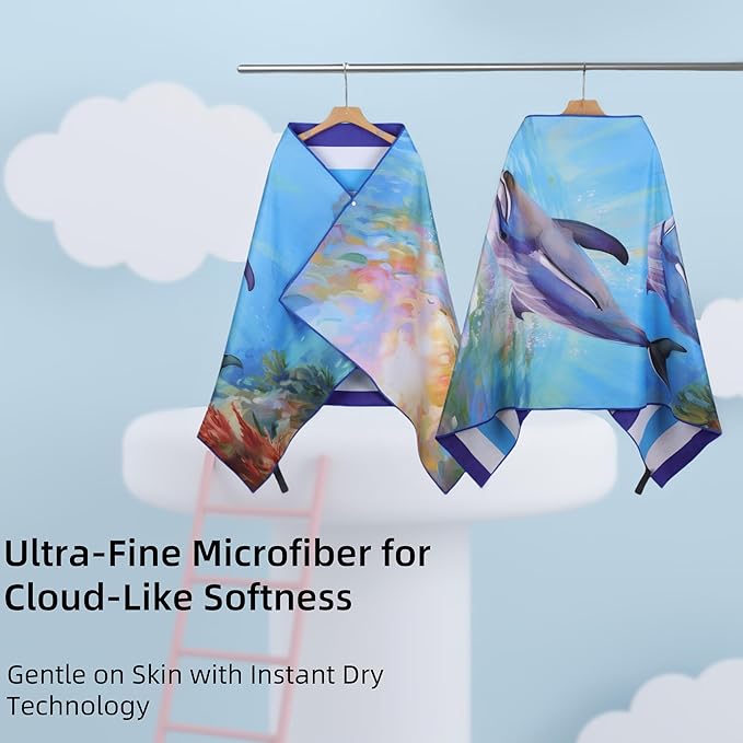 Microfiber Extra Large, Oversized Blue White Striped Beach Towels (70''x35''), Soft&Lightweight 2 Pack XL Quick Dry Cute Dolphin Towel for Adults & Women，Sand Free for Pool,Spa,Swim,Travel