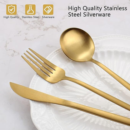 Matte Gold Silverware Set, VANVRO 20-Piece Stainless Steel Flatware Set, Satin Finish tableware Cutlery Set, Service for 4, Home and Restaurant, Dishwasher Safe