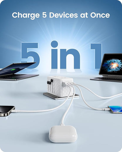 LENCENT 120W International Travel Adapter, Universal Travel Adapter with 1 QC USB-A & 3 PD3.0 Type C Power Adapter, Fast Charging for Phone,Laptops, All-in-One Outlet Adapter for USA/UK/EU/AUS, White