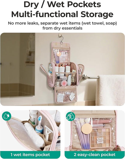 BAGSMART Travel Toiletry Bag, Large Capacity Cosmetic Bags for Women with Hanging Hook, Water-resistant for Toiletries Accessories Brushes Sponge, With Handle