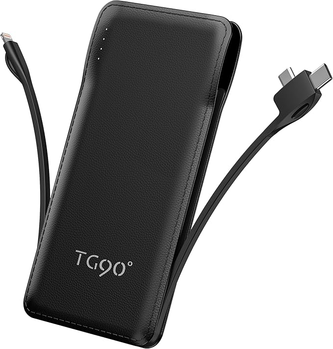 TG90° 2 Pack Slim Portable Charger with Built in Cables,10000mAh Power Bank Travel Charger Cell Phone External Battery Pack,4 Output Portable Bank Compatible with iPhone Android Phone