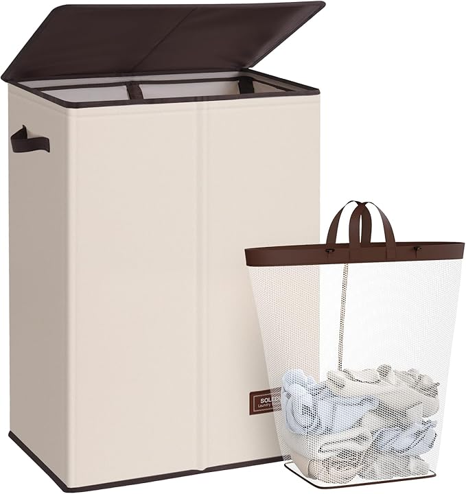 SOLEDI Laundry Hamper with Lid 130L Large & Tall Collapsible Laundry Basket, Clothes Hamper with Bag Removable Easy to Carry, Dirty Hampers for Bedroom, Bathroom, Dorm, College, Beige