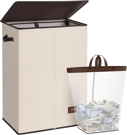 SOLEDI Laundry Hamper with Lid 130L Large & Tall Collapsible Laundry Basket, Clothes Hamper with Bag Removable Easy to Carry, Dirty Hampers for Bedroom, Bathroom, Dorm, College, Beige