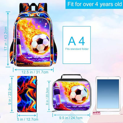 WZLVO 3PCS Soccer Bookbag for Boys, 17" Cool UV Printing Kids Backpack/School Bag with Lunch Box & Pencil Bag for Elementary to Middle - Flaming Soccer Kick