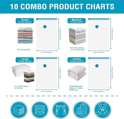 10 Pack Vacuum Storage Bags, Space Saver Bags (2 Jumbo/2 Large/3 Medium/3 Small) Compression Storage Bags for Comforters and Blankets, Vacuum Sealer Bags for Clothes Storage, Hand Pump Included