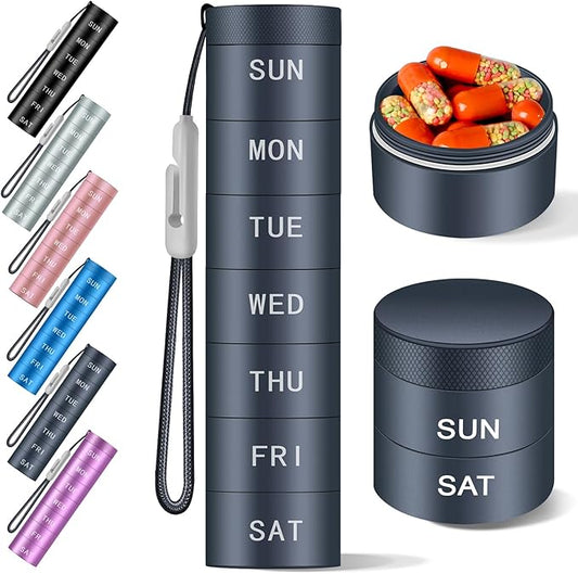 Aluminium Travel Pill Organizer,Weekly Metal Pill Case,Pill Holder, Moisture Proof Waterproof Daily Pill Box 7 Day, Large Pill Container to Hold Vitamins,Medication,Supplements 【Navy Blue】