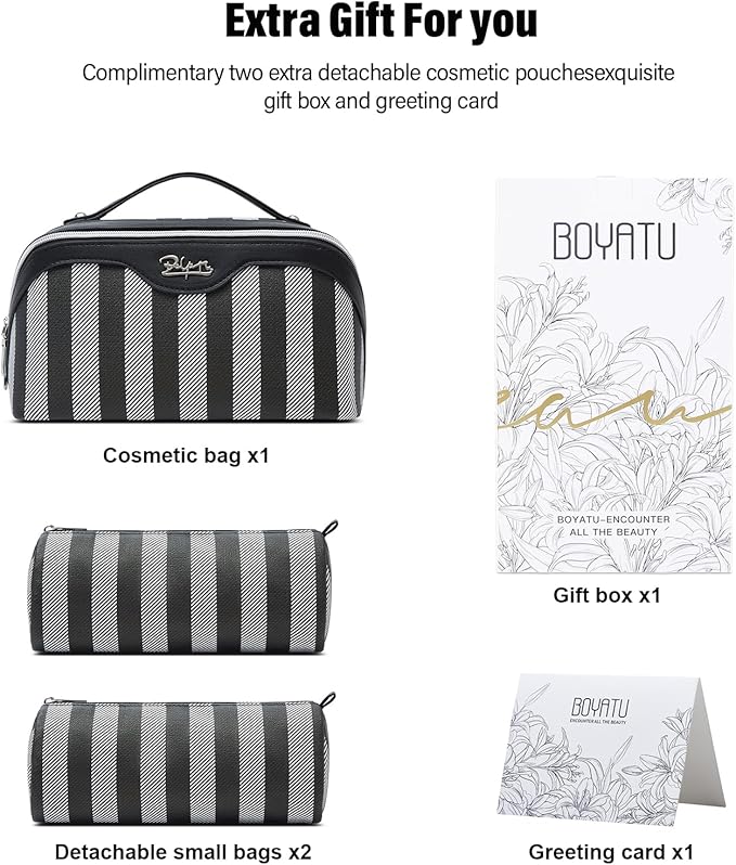 BOYATU Travel Makeup Bag for Women: Large Cosmetic Bag Set of 3 - PU Leather Make up Bag with Compartments - Compact Waterproof Toiletry Bag with Divider & Handle (B-4-Black)