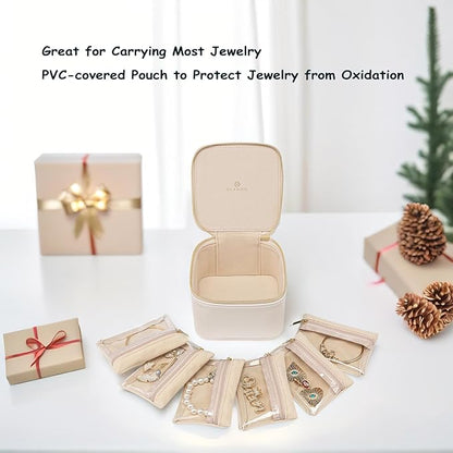 Vlando Travel Jewelry Box Organizer - 6 Small Velvet Zipped Pouches Pockets for Jewelries Necklaces Rings Earrings Sorting Storage, Offwhite