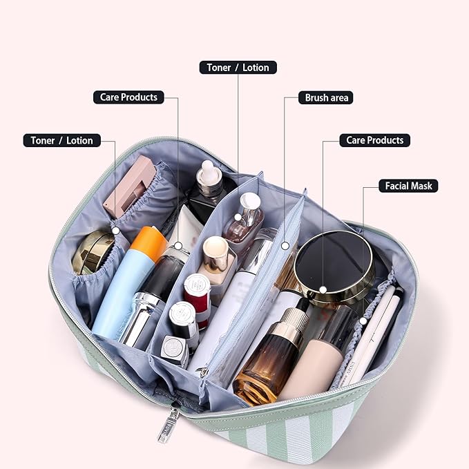 BOYATU Travel Makeup Bag for Women: Large Cosmetic Bag Set of 3 - PU Leather Make up Bag with Compartments - Compact Waterproof Toiletry Bag with Divider & Handle (B-3-Green)