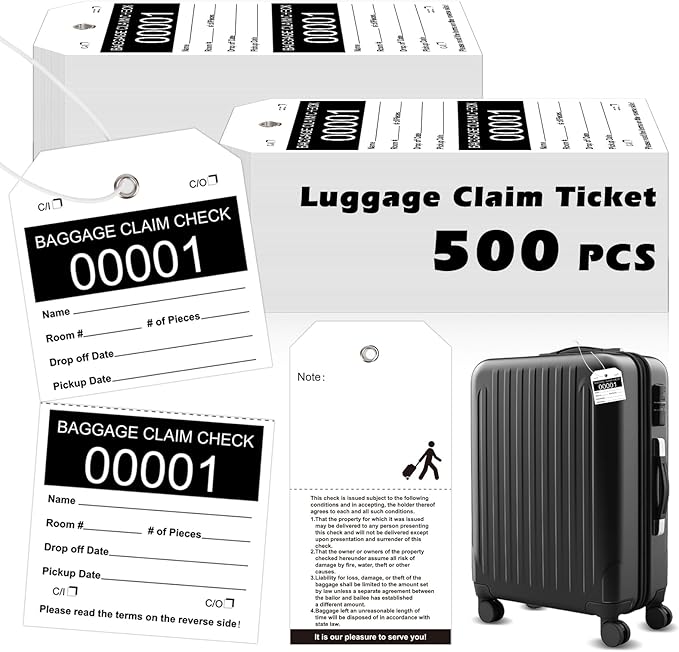 500 Pcs Baggage Claim Tag Hotel Luggage Tag Bulk with White String Paper Baggage Claim Check Tags Perforated Claim Ticket Black Luggage Id Tickets Serial Numbering for Hotel Motel Bag Storage