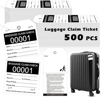 500 Pcs Baggage Claim Tag Hotel Luggage Tag Bulk with White String Paper Baggage Claim Check Tags Perforated Claim Ticket Black Luggage Id Tickets Serial Numbering for Hotel Motel Bag Storage