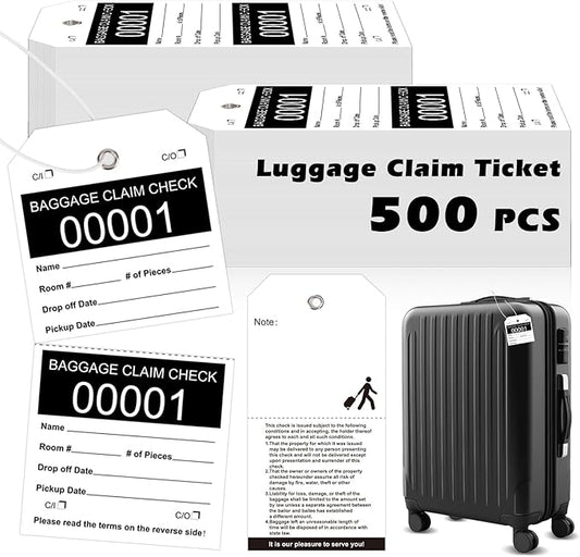 500 Pcs Baggage Claim Tag Hotel Luggage Tag Bulk with White String Paper Baggage Claim Check Tags Perforated Claim Ticket Black Luggage Id Tickets Serial Numbering for Hotel Motel Bag Storage