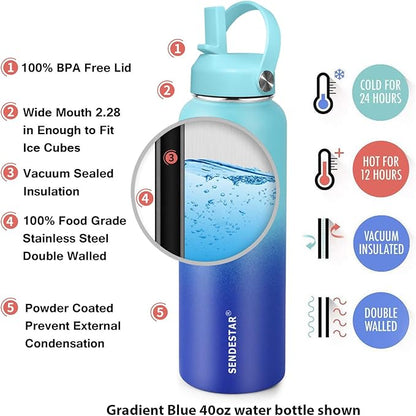 SENDESTAR Stainless Steel Water Bottle, Wide Mouth Water Bottle 18 oz, 24oz,32 oz,40 oz with 2 Lids (Straw Lid), Double Wall Vacuum Insulated Leak Proof, Keep Liquids Hot or Cold
