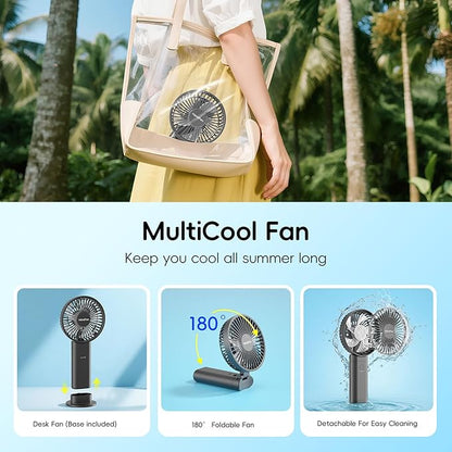 HandFan Upgraded 10,000 mAh Quiet Handheld Fan - 4.5 Inch Large Hand Held Fans Reahargeable, Portable Fan [30 Working Hours] with Charging Function, Lanyard, Base for Travel/Concerts/Lash/Office