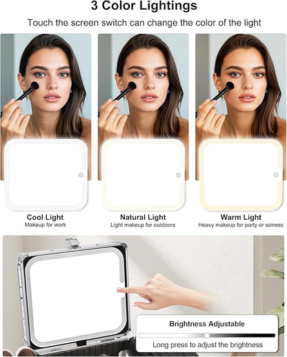 Relavel Makeup Bag with LED Mirror, Makeup Box Travel Train Case with Rechargeable Lighted Mirror, Cosmetic Brush Organizer Storage for Makeup Artists Gifts for Women and Girls, Shining Star