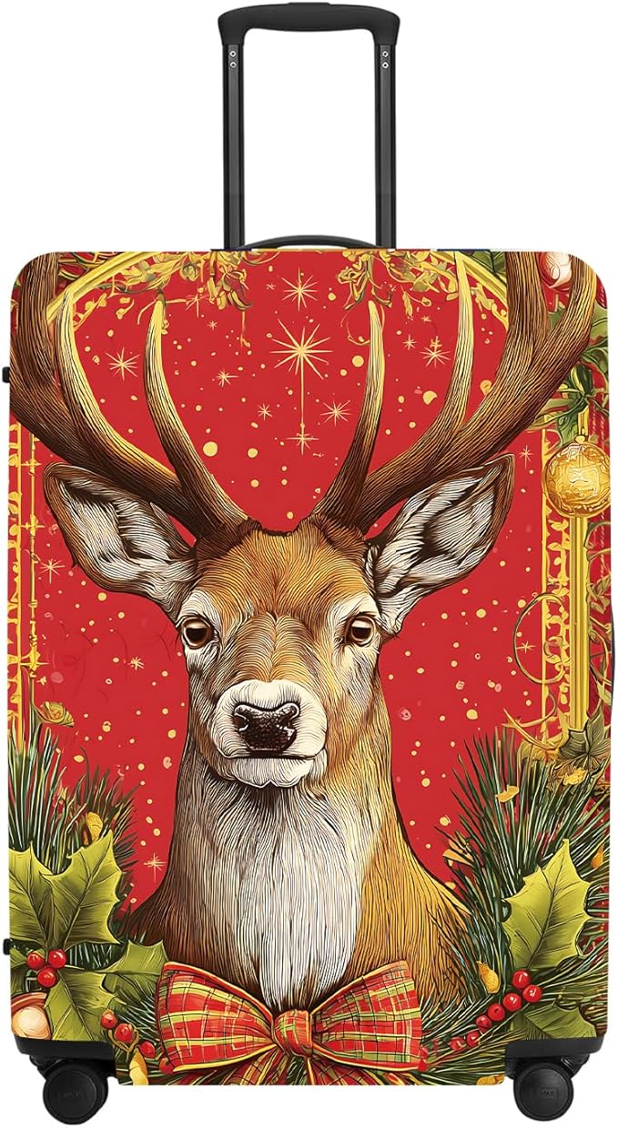 Vintage Plaid Christmas Luggage Cover - Red Tartan with Golden Deer and Holly, Classic Stretchable Suitcase Cover 32 34 Inch