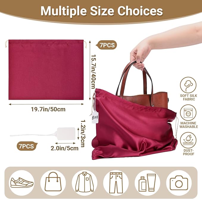 Ewen 7 Pack 19.6x15.7in Satin Drawstring Shoe Bags with Blank Tags, Dust Bags for Handbags Travel Essentials Storage, Dustproof Packing Bag Clothes Organizer for Closet and Home Organization, Wine Red