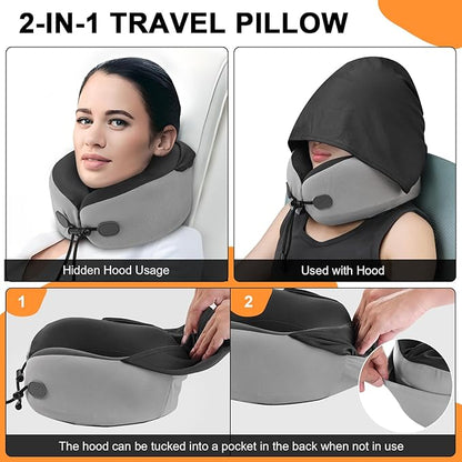 Neck Pillow for Travel - Hooded Memory Foam Plane Pillow for Airplane, Office, Cars Sleeping, Road Trip, Long Flights, Portable Plane Accessories, Includes Eye Mask & Earplugs Pink
