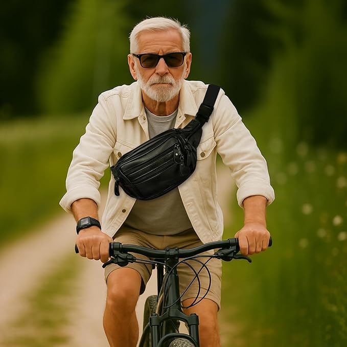 Leather Fanny Pack for Men Women,Genuine Leather Waist Belt Bag with Adjustable Strap Belt Hip Bag with Multi-Pockets for Travel Sports Running Cycling Hiking