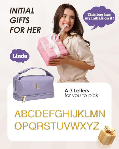 Gifts for Friends Female Mom, Letter Makeup Bag, Personalized Double Layer Cosmetic Bag with Makeup Brush Organizer, Waterproof, Large Capacity PU Leather Travel Toiletry Bag, Gift for Wife