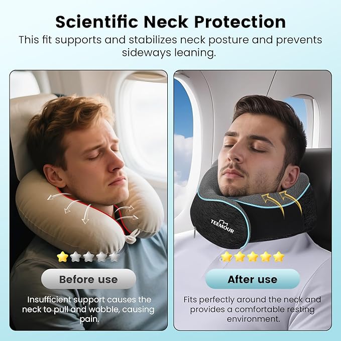 Travel Neck Pillow for Airplane -360° Support, Stocking Stuffers, Memory Foam Travel Pillows for Airplanes With Eye Mask & Earplugs, Portable Carry Bag for Long Flights/Car| Best Airplane Accessories