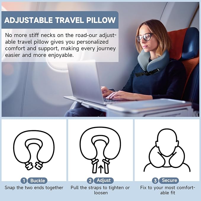 SPRFUFLY Super Soft Travel Pillow, 100% Memory Airplane Pillow with Sleep Mask and Ear Plugs, Breathable Removable Cover & Ergonomic Design - Essentials Neck Pillow for Airplane, Office & Home Use