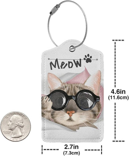 2 Pack Cute Cat Luggage Tags for Kids Girls Women Travel Funny Animal with Sunglasses Print on PU Leather Bag Tags Accessories Privacy Cover ID Label with Stainless Steel Loop for Backpack Suitcase
