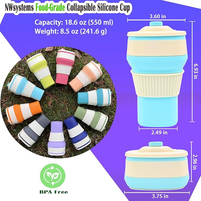 Collapsible Silicone Cup, Safe & Portable, for Hot & Cold Drinks, 18.6 oz (550 ml) - Travel, Camping, Office, and More – Tanager Turquoise