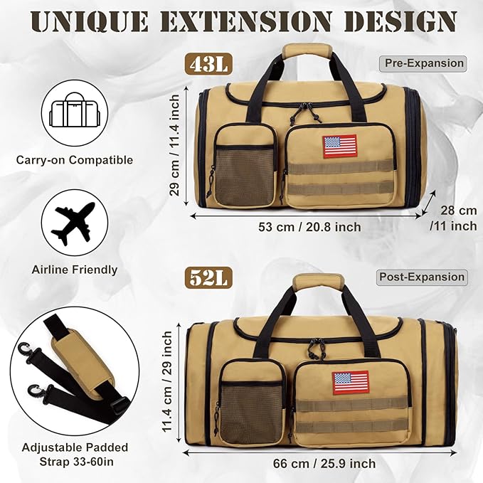 Tactical Duffle Bag For Travel Expandable 52L Large Duffle Bag For Men Gym Duffel With Wet Pocket Multi-Functional Carry On Bags Weekender Overnight Bag Organizer Duffel Bag For Travel
