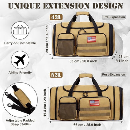 Tactical Duffle Bag For Travel Expandable 52L Large Duffle Bag For Men Gym Duffel With Wet Pocket Multi-Functional Carry On Bags Weekender Overnight Bag Organizer Duffel Bag For Travel