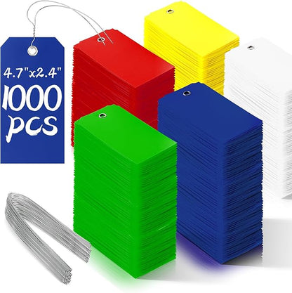 1000 Pieces Plastic Shipping Tags with Wire Labeling Tags Waterproof Hang Tags with Reinforcement Hole Writable Luggage tag Loops for Equipment Inventory Parts Garage (Colorful, 4 3/4" x 2 3/8")