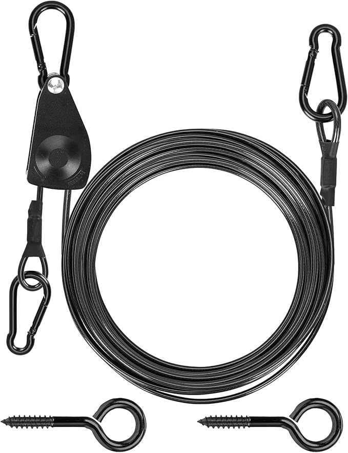 TooTaci 30ft Outdoor Clothesline Kit, 3/16" Black PVC Coated Wire Rope Heavy Duty Portable Clothes Line Kit with Self-Locking Pulley, Screw Hook & Snap Hook for Camping, Backyard, Balcony, Travel
