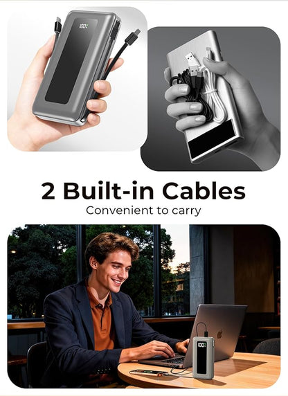 Portable Charger Power Bank, 50000mAh Travel Camping Essential Battery Pack with Built-in Cables, PD 22.5W Fast Charging, Large Capacity Portable Phone Charger for iPhone, Light Grey