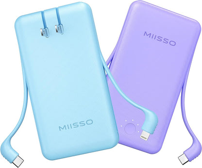 miisso Ultra Slim 10000mAh Power Bank Built-in Cables and Foldable AC Wall Plug, Pocket Size USB C Portable Charger, External Battery Pack Compatible with iPhone Samsung, 2 Pack Purple & Blue