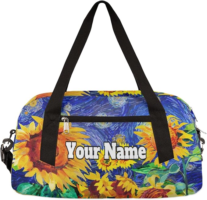 Custom Your Name Oil Painting Sunflower Personalized Text Gym Duffle Bag for Kids,Sports Bag for Teens Boys & Girls Small Waterproof Overnight Weekender Carry School Practice Travel Bag