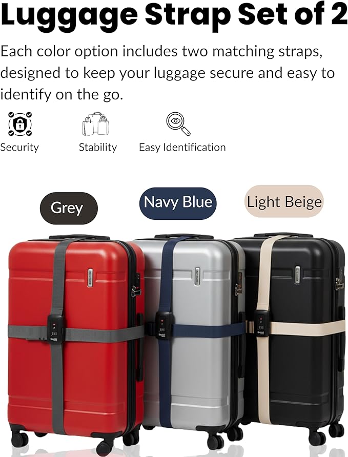 TSA Approved Luggage Straps – Set of 2 Anti-Burst Adjustable Polyester Suitcase Belts with 3-Dial Combination Lock – Prevents Accidental Opening, Secure Travel (Beige)