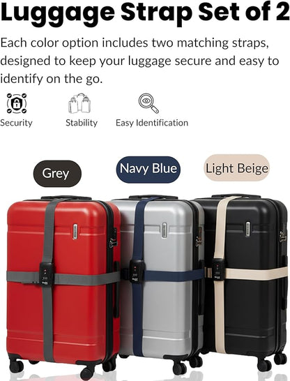 TSA Approved Luggage Straps – Set of 2 Anti-Burst Adjustable Polyester Suitcase Belts with 3-Dial Combination Lock – Prevents Accidental Opening, Secure Travel (Gray)