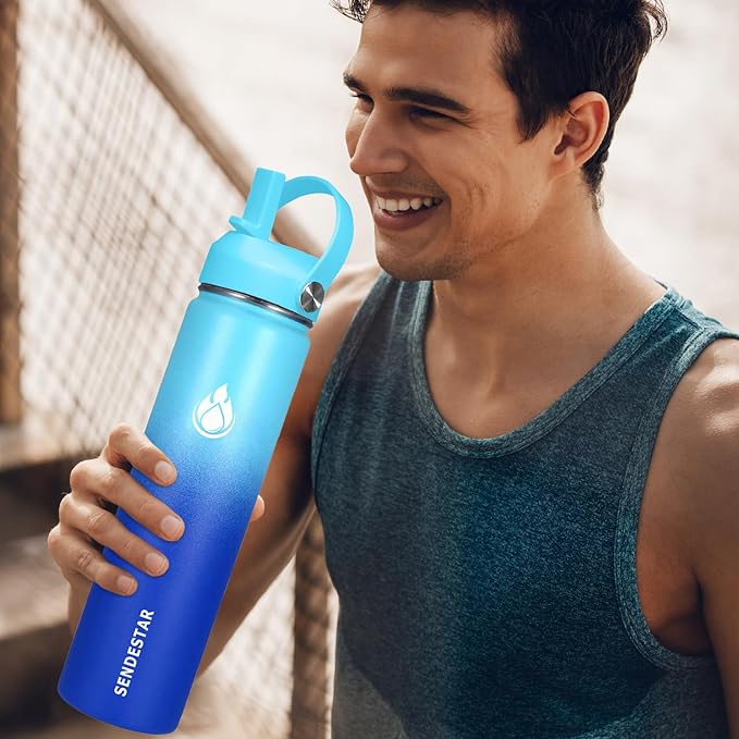 SENDESTAR Stainless Steel Water Bottle, Wide Mouth Water Bottle 18 oz, 24oz,32 oz,40 oz with 2 Lids (Straw Lid), Double Wall Vacuum Insulated Leak Proof, Keep Liquids Hot or Cold