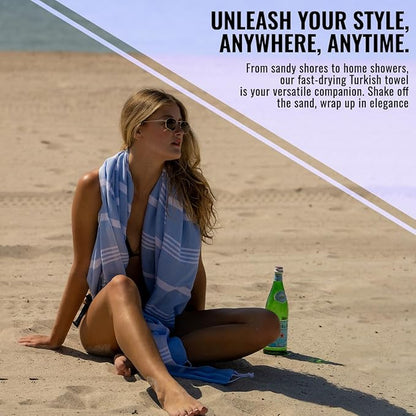 Beach Towel 100% Cotton Turkish Beach Towel Adult 38x70 Inch Pre-washed Absorbent Extra Large|Sand Free Quick Dry BathTowels|Lightweight Blanket|Travel Cruise Camping Spa Gym Sports Towel|Airy Blue