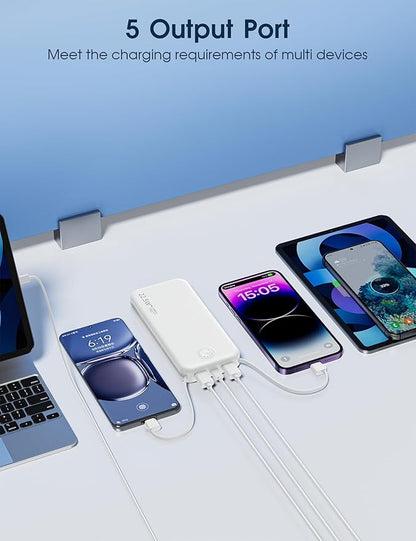 22.5W Super Fast Charging Portable Charger with Wall Plug,12000mAh USB-C Power Bank Built-in 2 Cable, Lightweight Phone Charger Travel Battery Pack for All iPhone, Samsung, Tablets